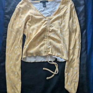 Forever 21 Mustard Floral Ruched Blouse